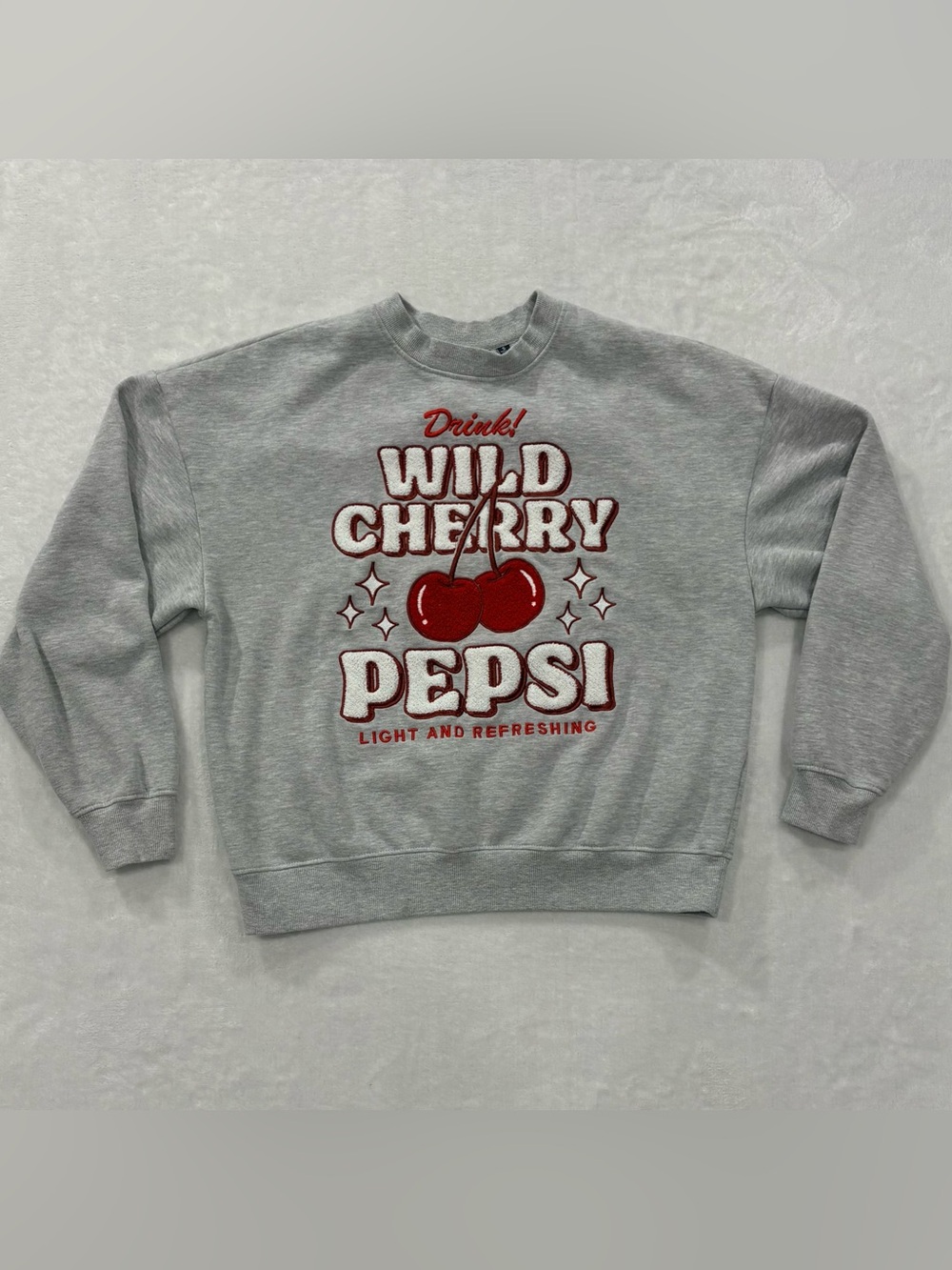 Pepsi Drink Wild Cherry Pepsi Chenille Patch Grey Sweatshirt Shirt Men's Size S